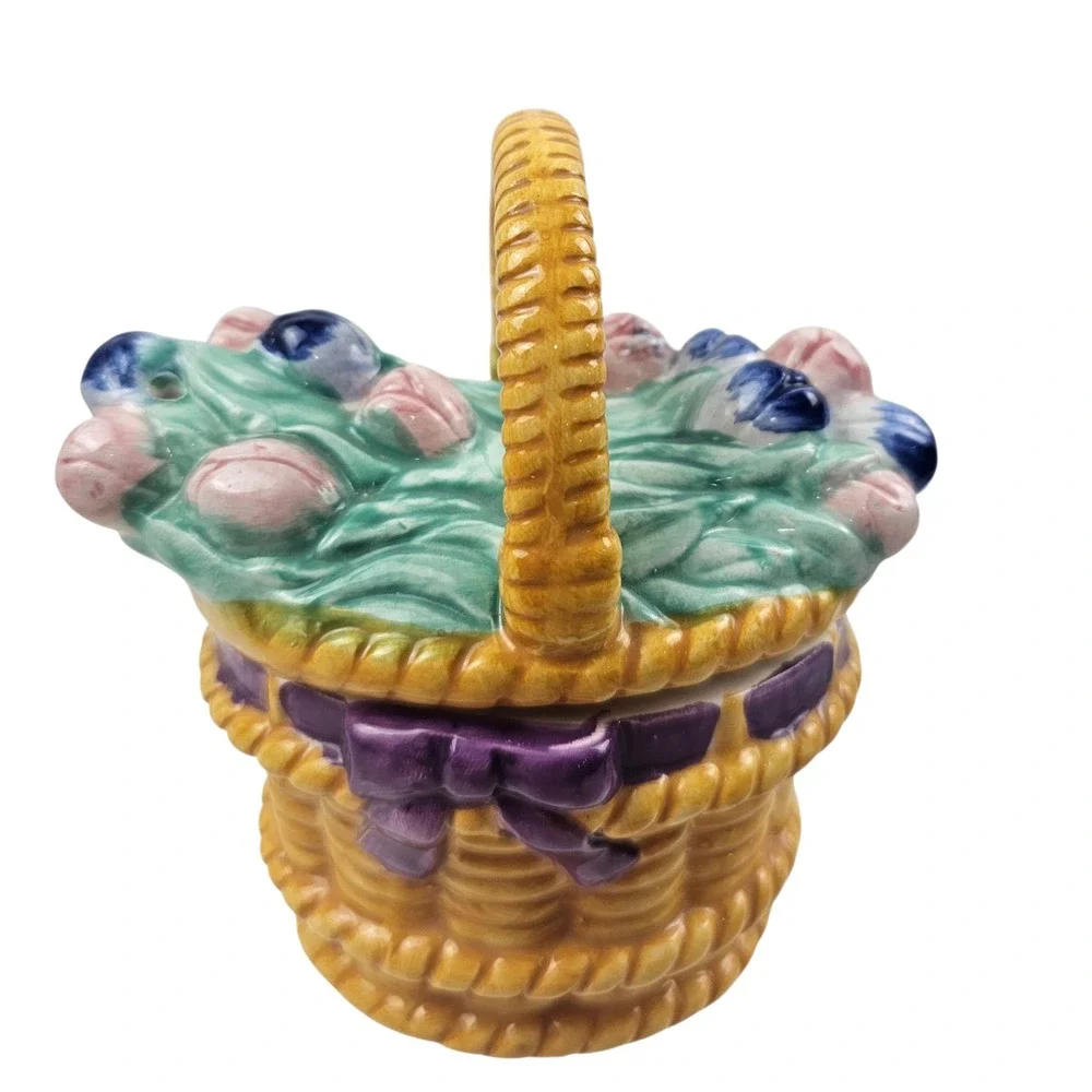 Ceramic Flower Basket Salt and Pepper Shakers Set with Floral Saucer Plate